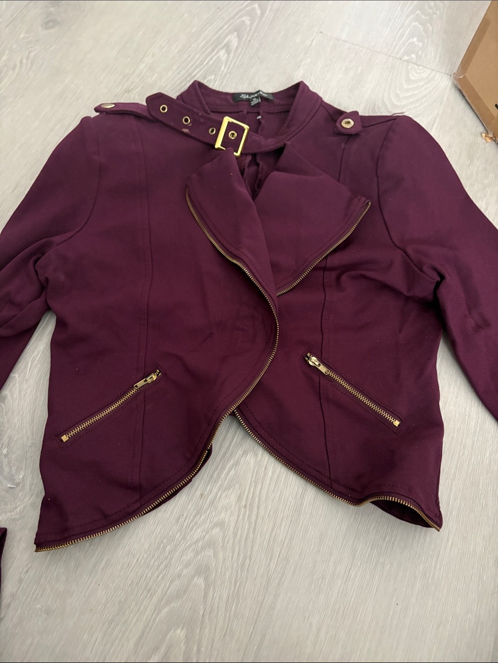 Women's Burgundy Moto Jacket with Gold Hardware